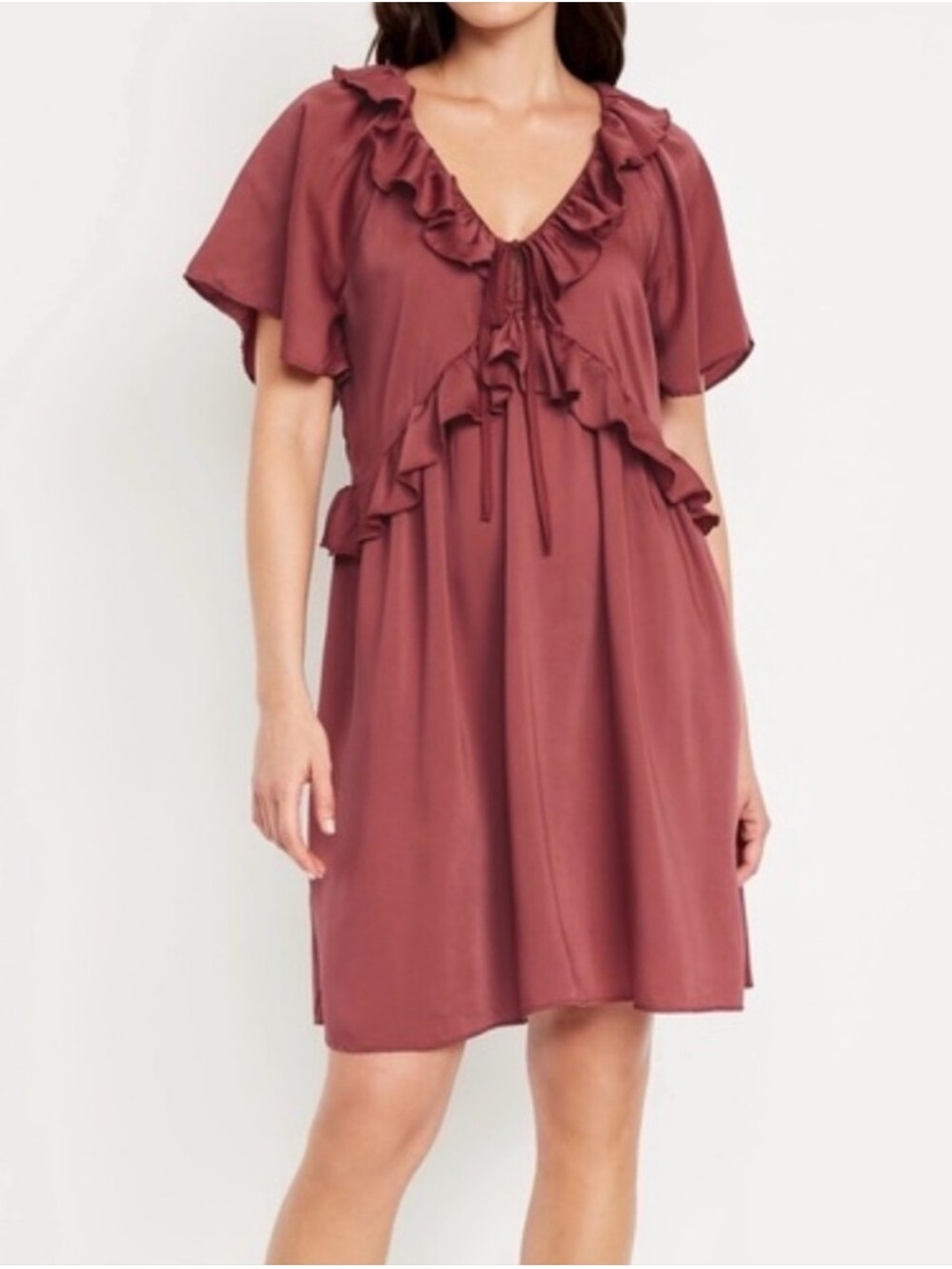 Satin Ruffled V-Neck Short Sleeve Dress in Dusty Rose